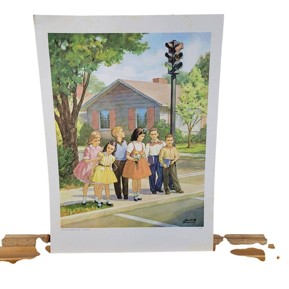 Vintage 1960 Griffith Foxley Lithograph Children Obeying a Traffic Law 17x12